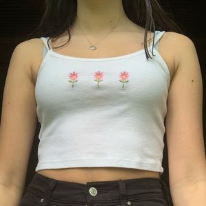 White tank top with pink flowers on chest